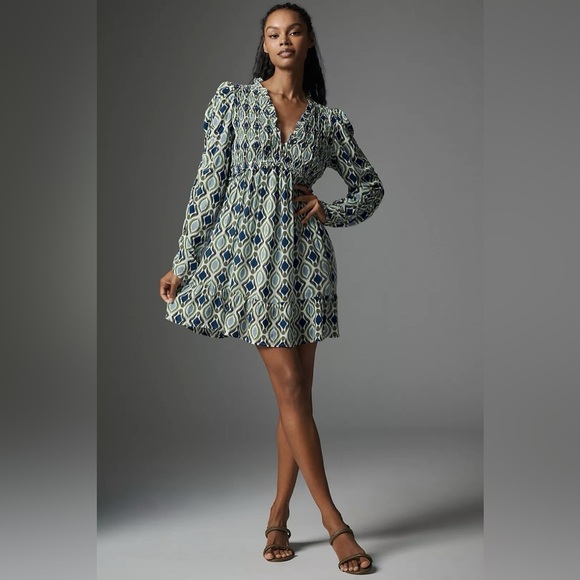 By Anthropologie Long-Sleeve V-Neck Ruffle Mini Dress Women’s Size Small Boho - Picture 2 of 9